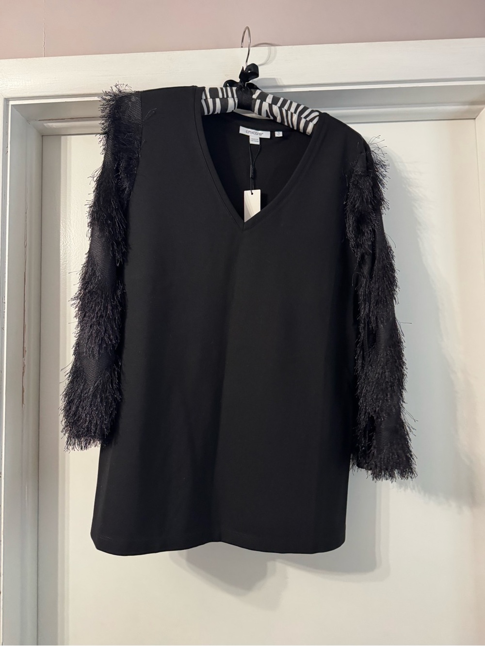 Chico’s Black V-Neck Top with Textured Fringed Sleeves
